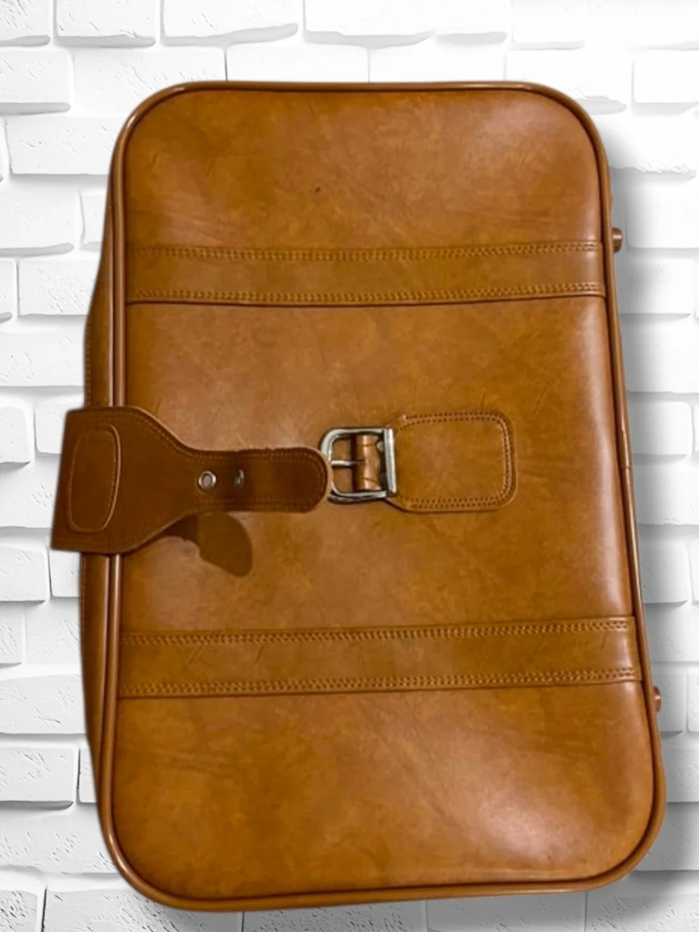 Vintage 1970s World Traveler Caramel Brown Faux Leather Carry-On Suitcase -